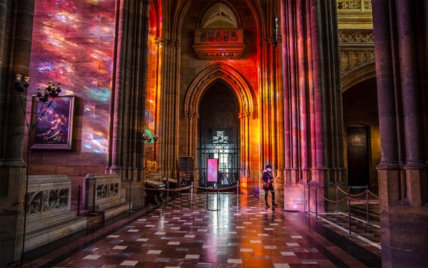Stained glass reflections inside St Vitus Cathedral, Prague.