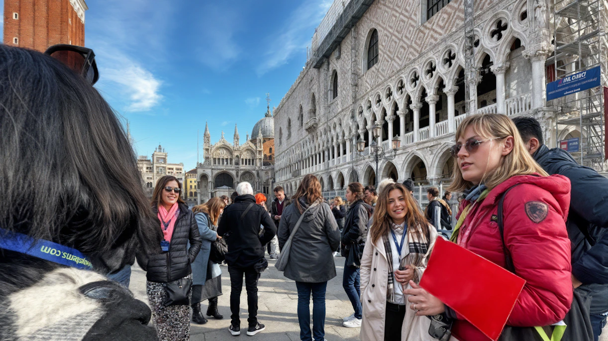 Tour group with guide outside Doge's Palace on Venice Full-Day Guided Tour.