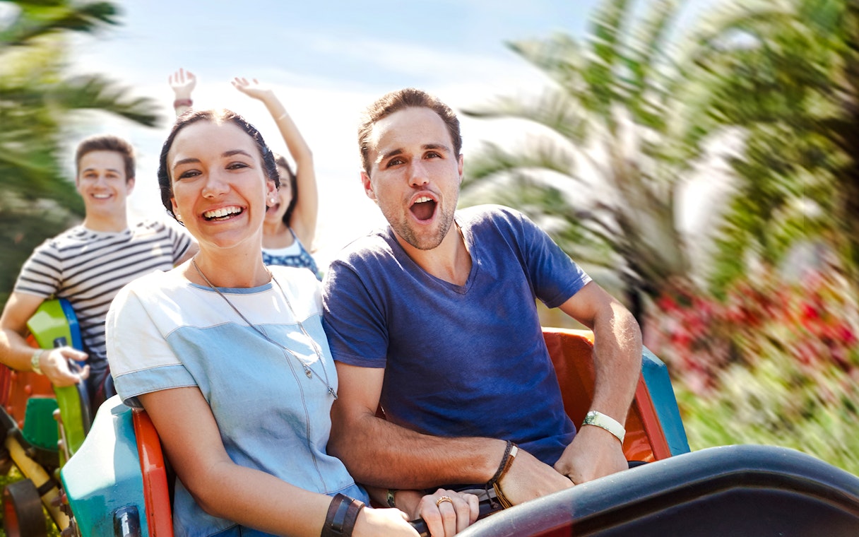 People enjoying a rollercoaster ride with palm trees in the background.