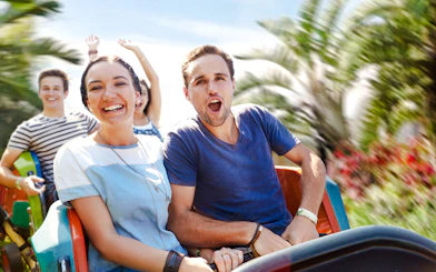 People enjoying a rollercoaster ride with palm trees in the background.