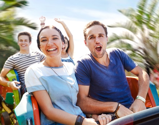 People enjoying a rollercoaster ride with palm trees in the background.