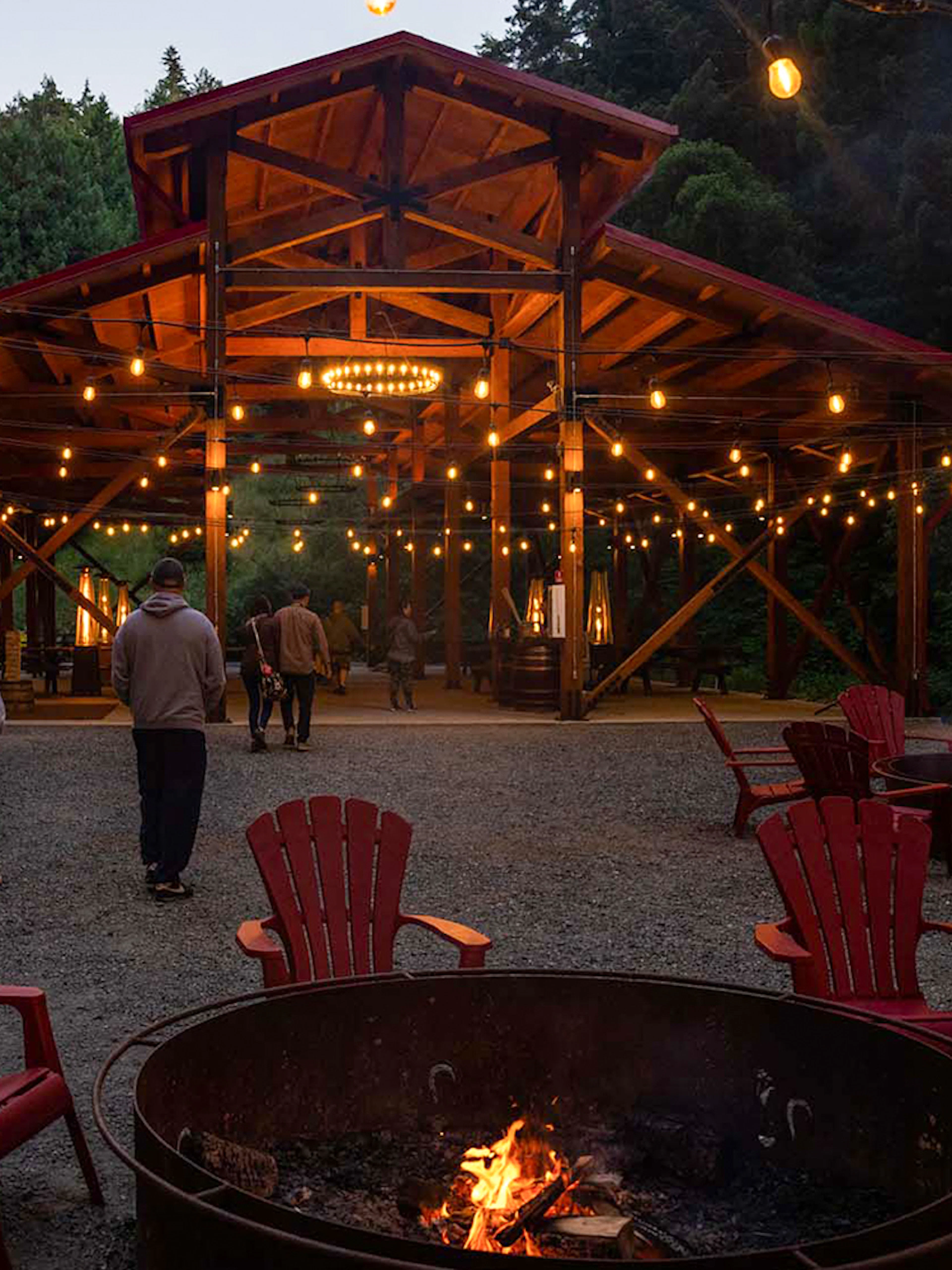 Outdoor seating area with fire pits and string lights at Glen Blair Bar, San Francisco.