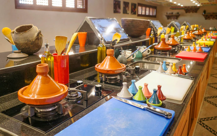 Tajine pots and cooking utensils at Moroccan Culinary Art Museum kitchen.