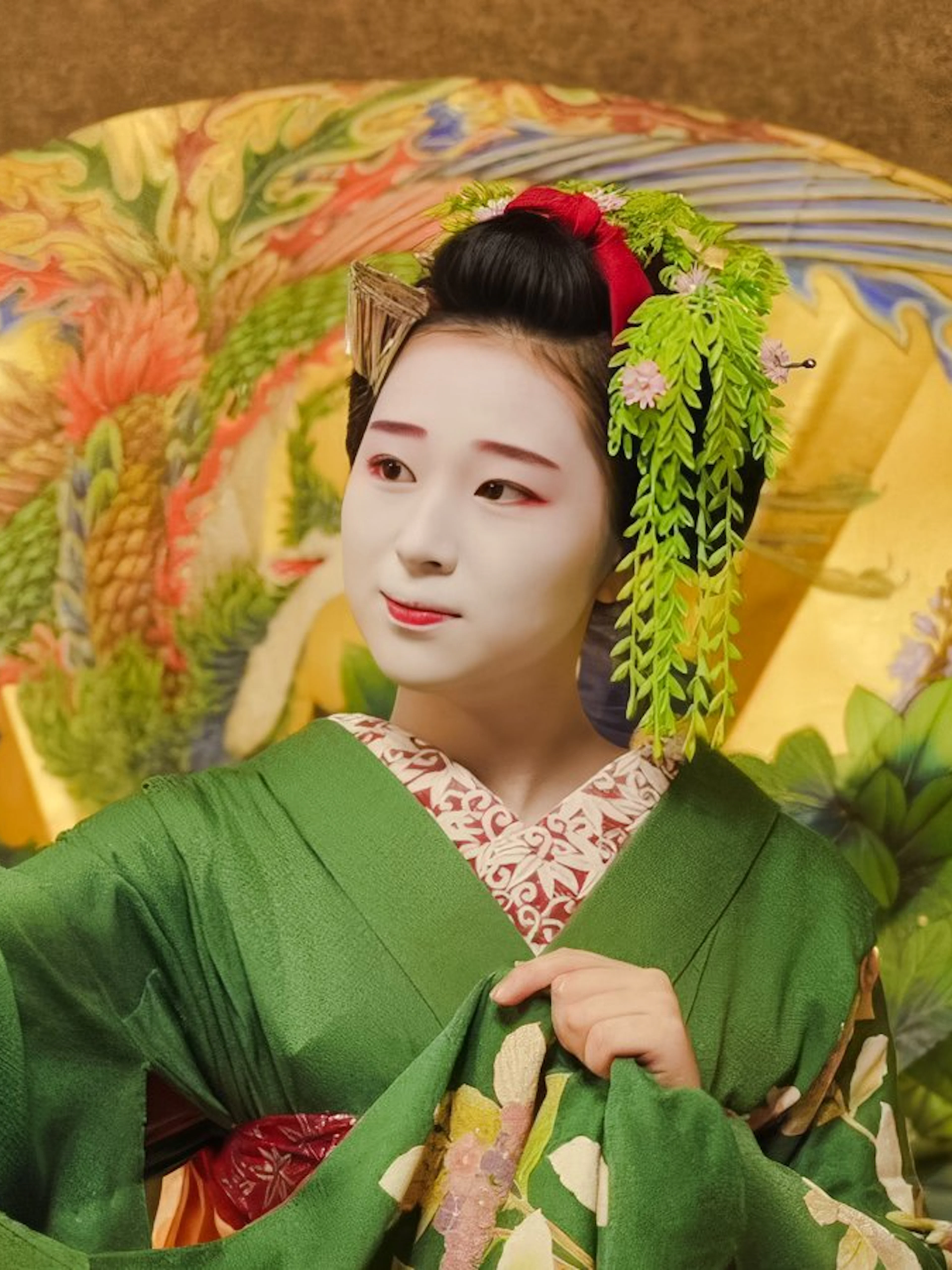 Geisha in traditional green kimono performing with ornate umbrella in Japan.
