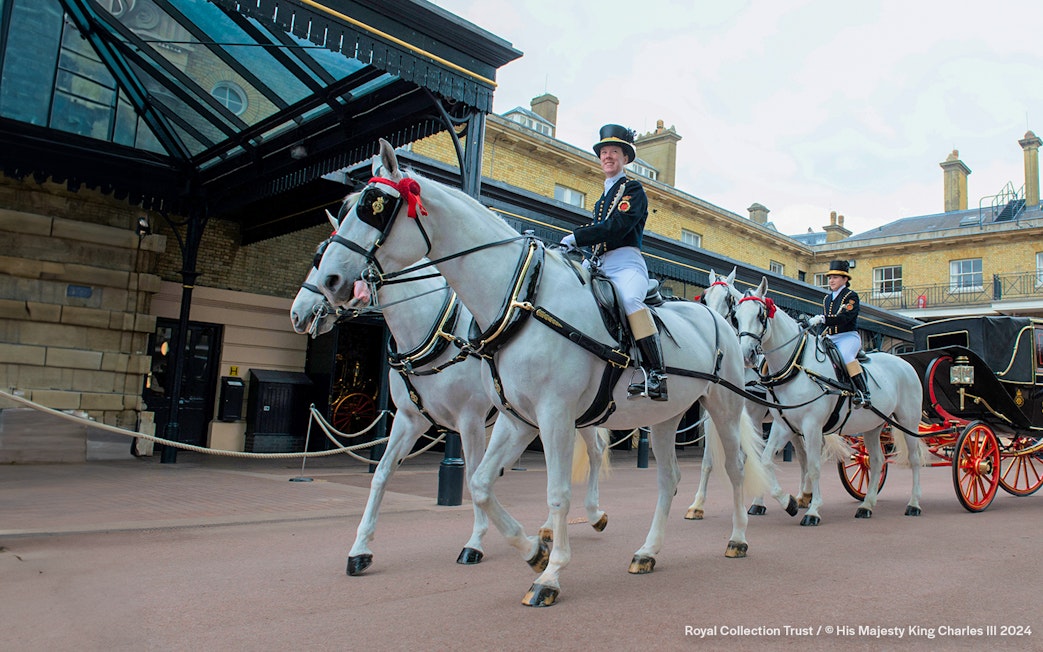Windsor Grey horses pulling a carriage at The Royal Mews.