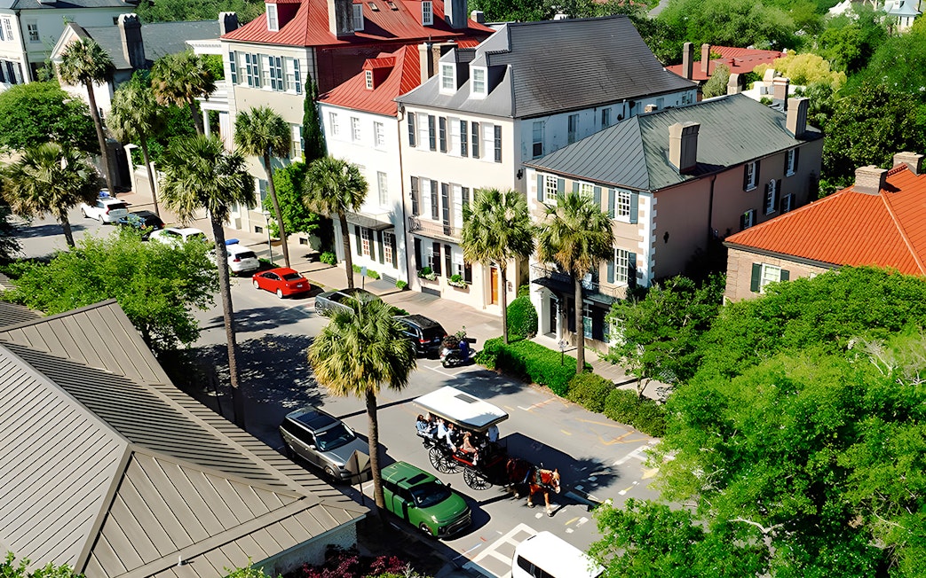 Charleston street with horse-drawn carriage passing historic homes and palm trees.