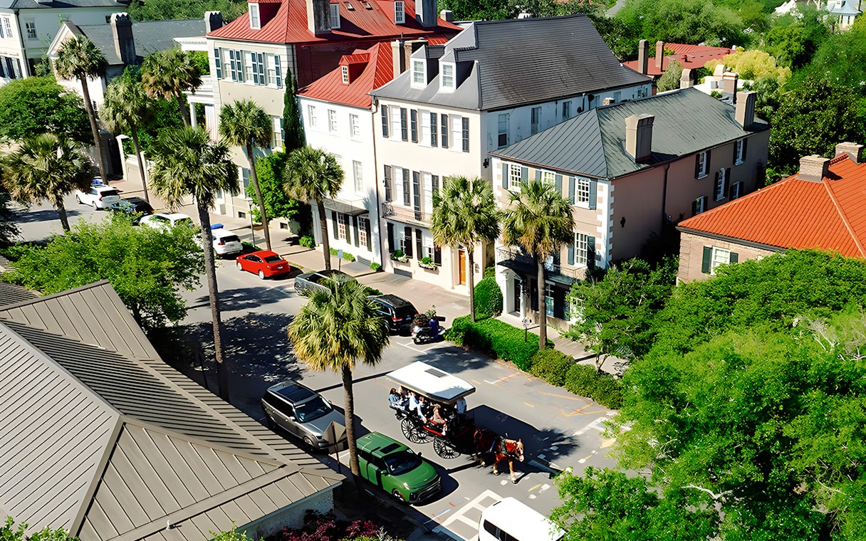 Charleston street with horse-drawn carriage passing historic homes and palm trees.