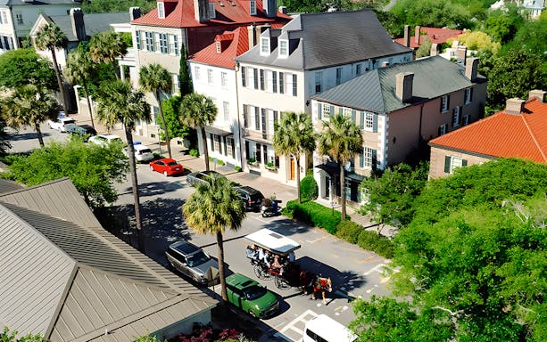 Charleston street with horse-drawn carriage passing historic homes and palm trees.
