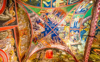Frescoes on the ceiling of the Monastery of Varlaam, depicting religious scenes and figures.