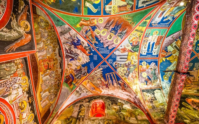 Frescoes on the ceiling of the Monastery of Varlaam, depicting religious scenes and figures.