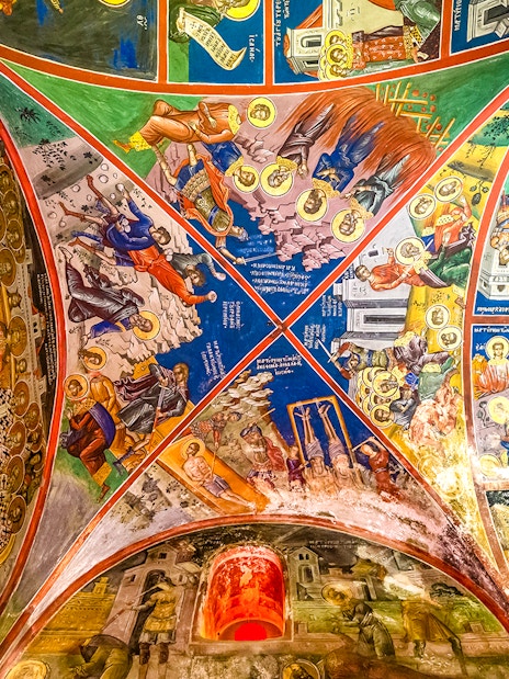 Frescoes on the ceiling of the Monastery of Varlaam, depicting religious scenes and figures.