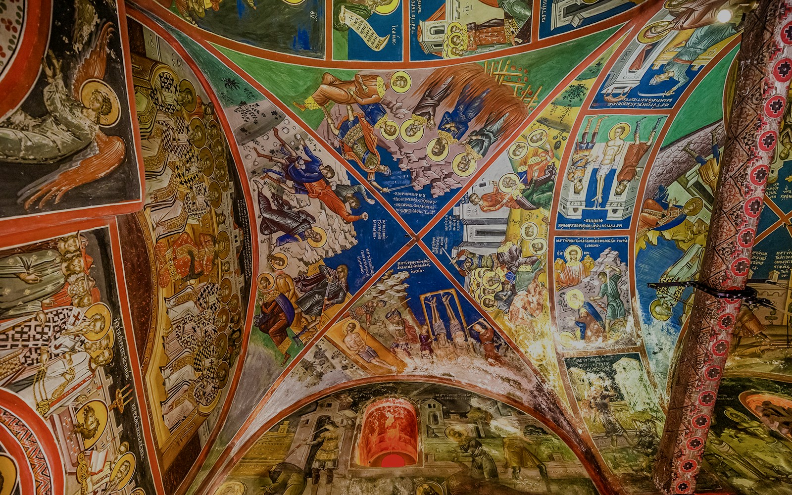 Frescoes on the ceiling of the Monastery of Varlaam, depicting religious scenes and figures.