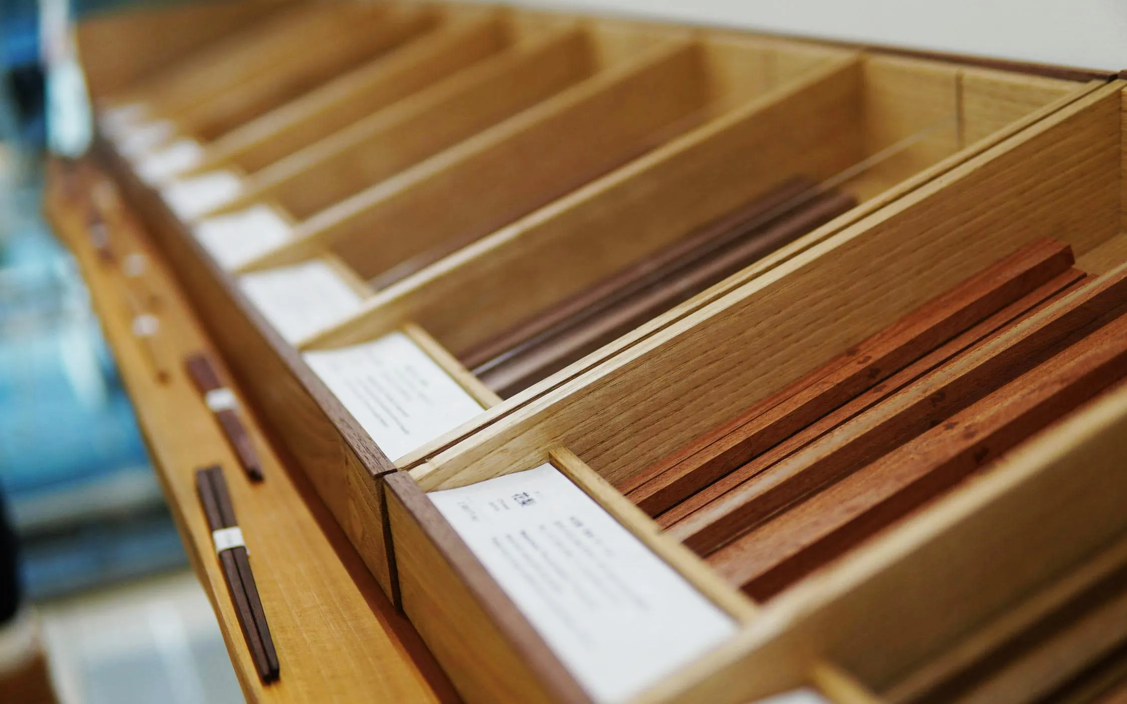 Chopstick selection at a workshop in Ginza, Tokyo.