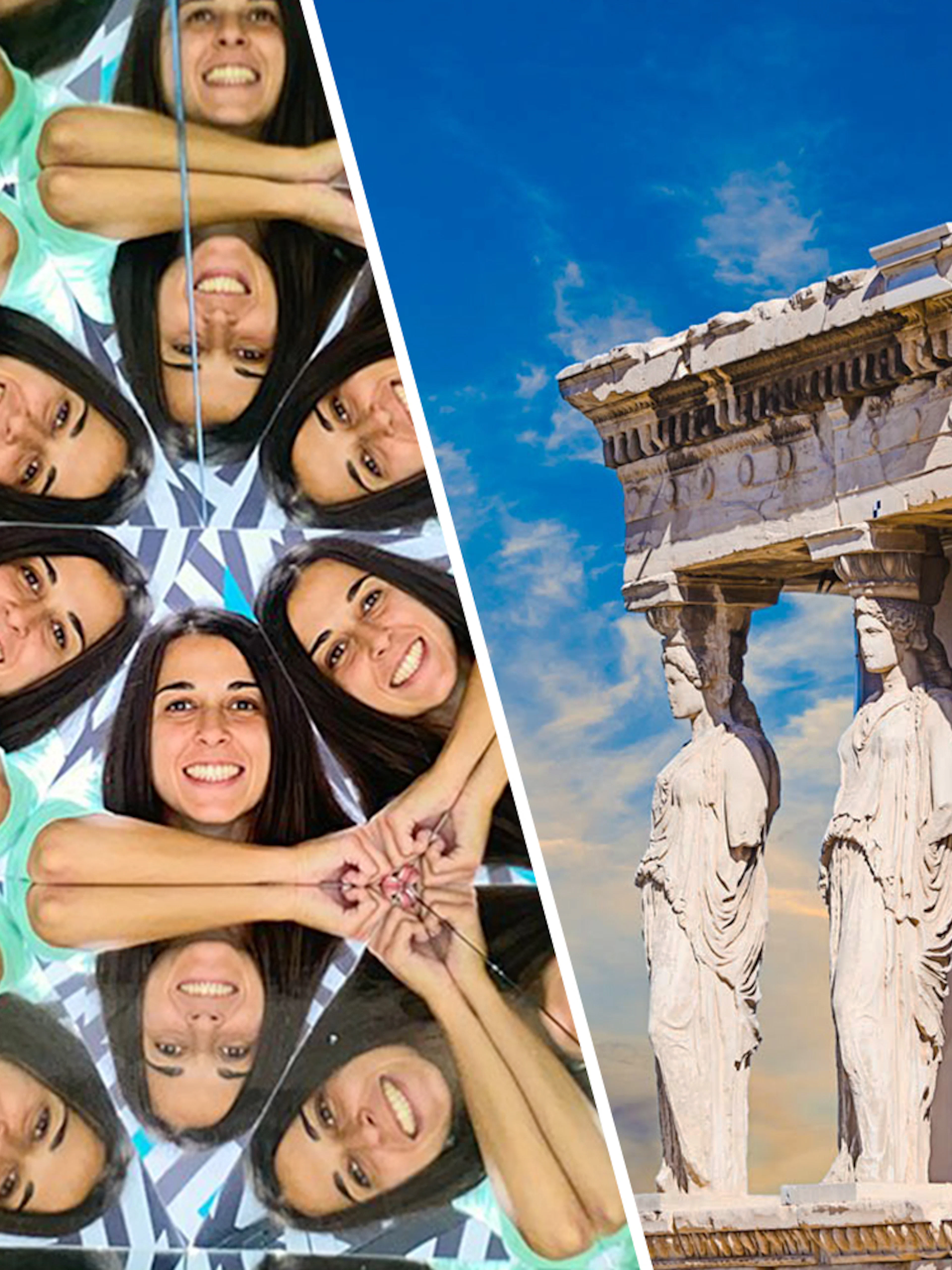 Museum of Illusions mirror exhibit and Acropolis Caryatids in Athens.
