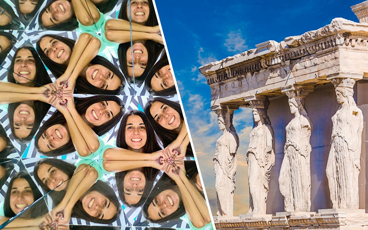 Museum of Illusions mirror exhibit and Acropolis Caryatids in Athens.