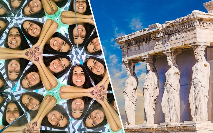 Museum of Illusions mirror exhibit and Acropolis Caryatids in Athens.