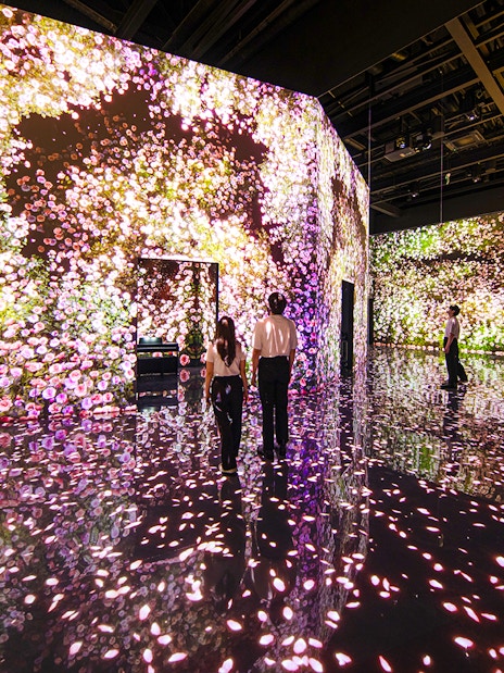 Couple exploring digital flower exhibit at Arte Museum Dubai.