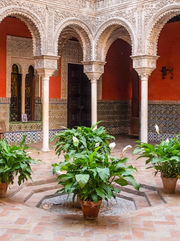 Courtyard with ornate arches and potted plants at Casa de Salinas, Seville.