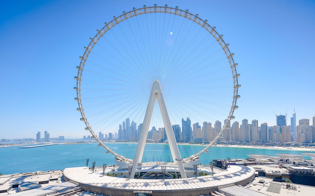 Ain Dubai wheel with city skyline and waterfront in the background.
