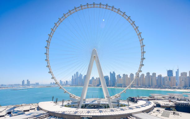 Ain Dubai wheel with city skyline and waterfront in the background.