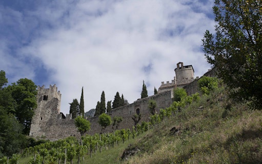 Avio Castle stone walls and towers surrounded by greenery under a cloudy sky.