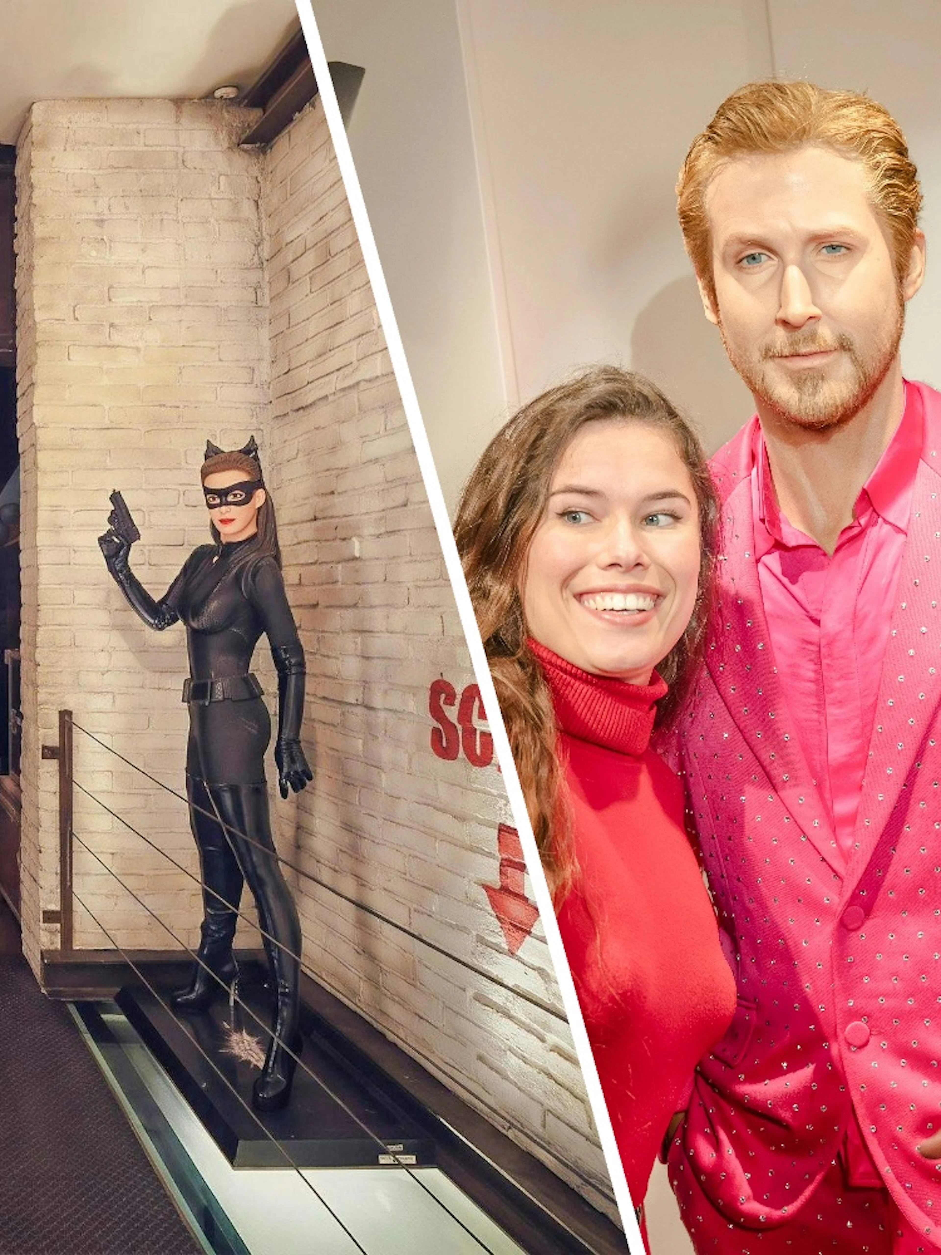 Le Grand Rex tour entrance with Catwoman figures and visitors posing with a wax figure.