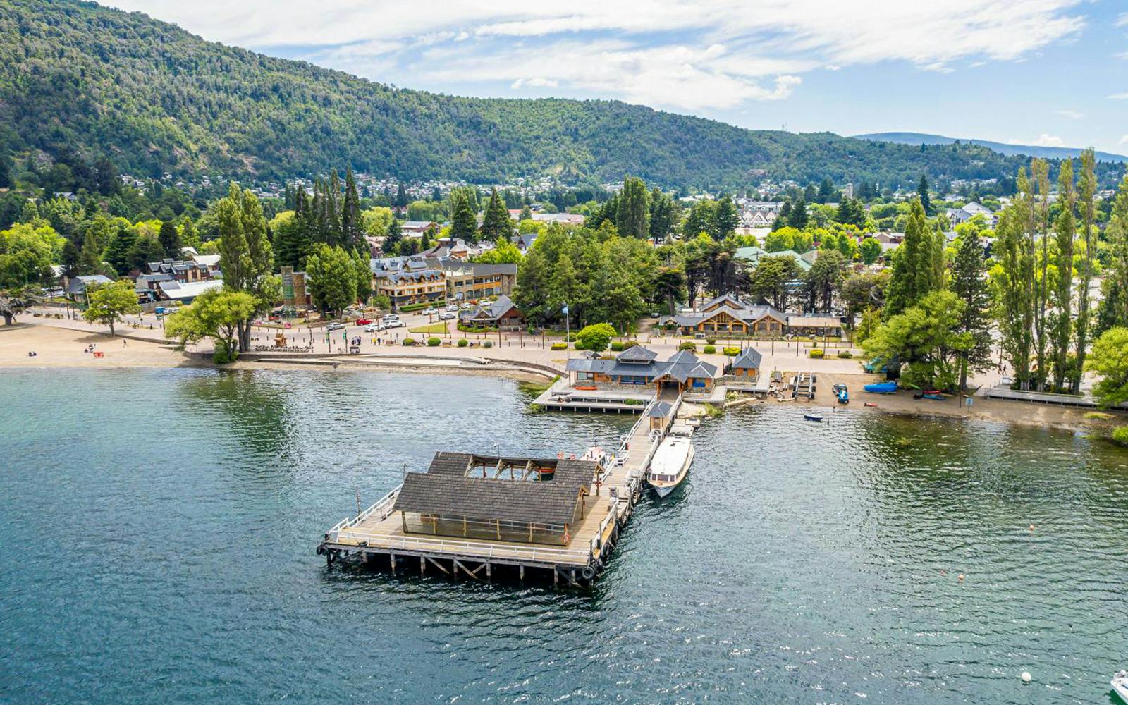 Waterfront promenade and pier on Lake Lácar in San Martín de los Andes.