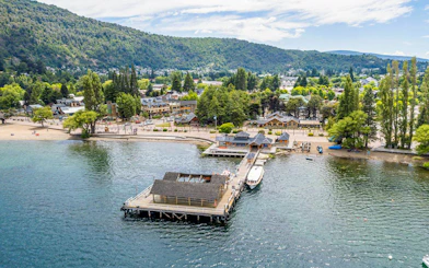 Waterfront promenade and pier on Lake Lácar in San Martín de los Andes.