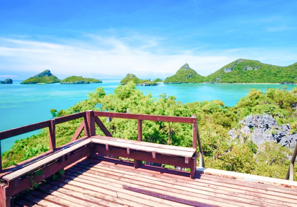 Wooden deck overlooking Ang Thong Marine Park islands and turquoise sea, Koh Samui.