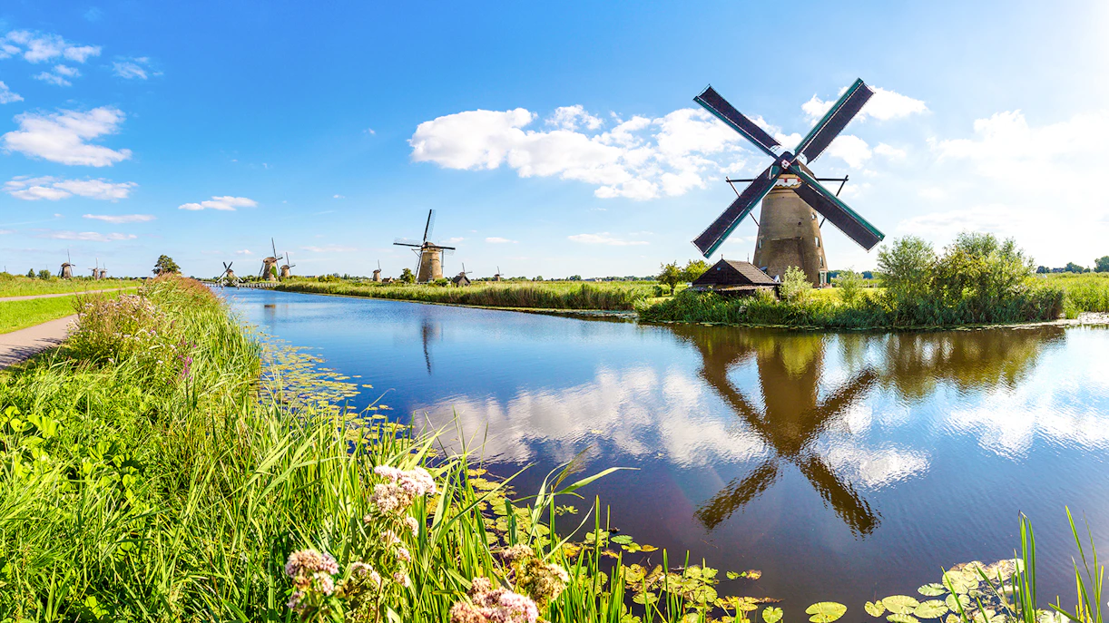 Windmills along a canal in Kinderdijk, Netherlands.
