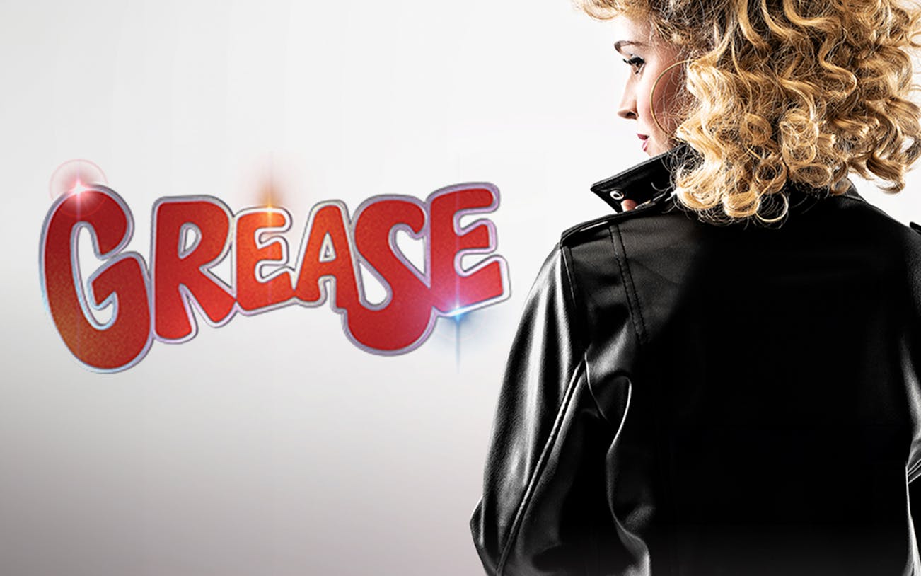 Grease logo with person in leather jacket and curly hair