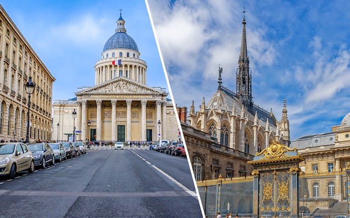 Pantheon and Sainte-Chapelle in Paris, showcasing neoclassical and Gothic architecture.
