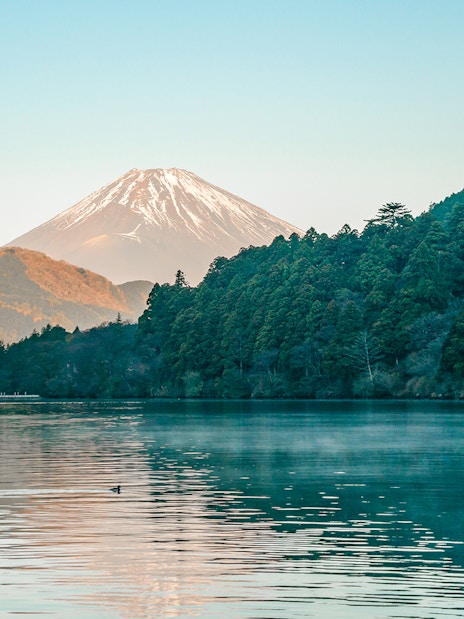 Mount Fuji and red Torii gate at Lake Ashi, Hakone, Japan.