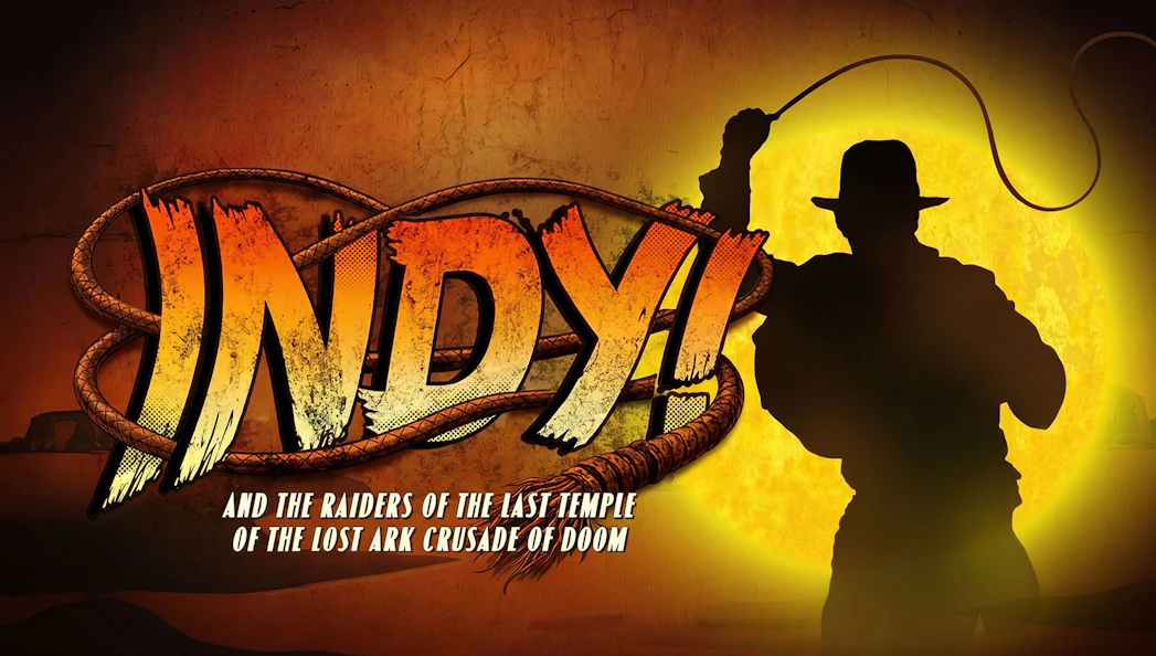 INDY Westend show poster with adventurer silhouette and whip.