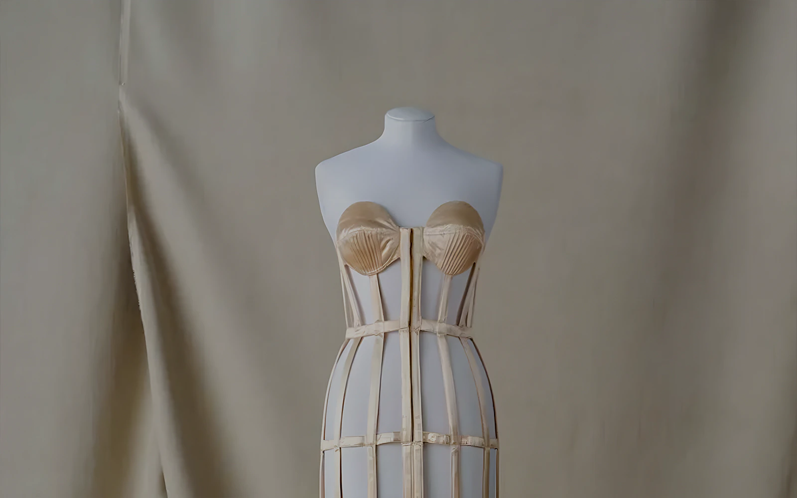 Mannequin displaying a structured corset at Palais Galliera exhibit in Paris.