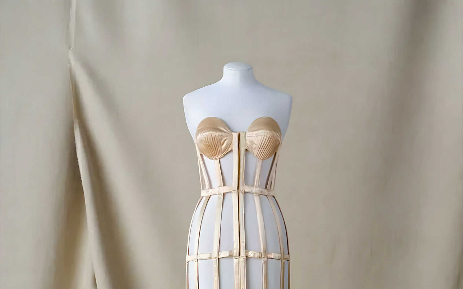 Mannequin displaying a structured corset at Palais Galliera exhibit in Paris.