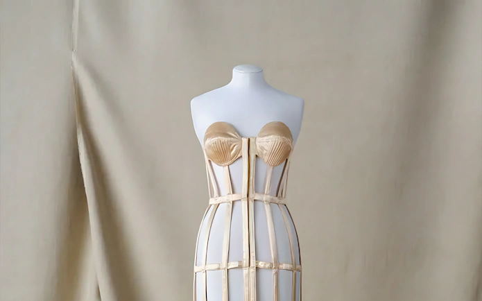 Mannequin displaying a structured corset at Palais Galliera exhibit in Paris.