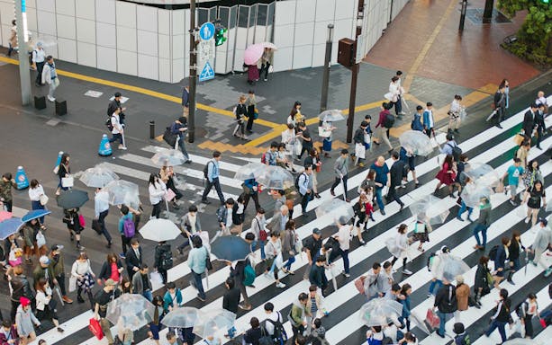 Crowd with umbrellas crossing a busy street in Tokyo near Seibuen Amusement Park.