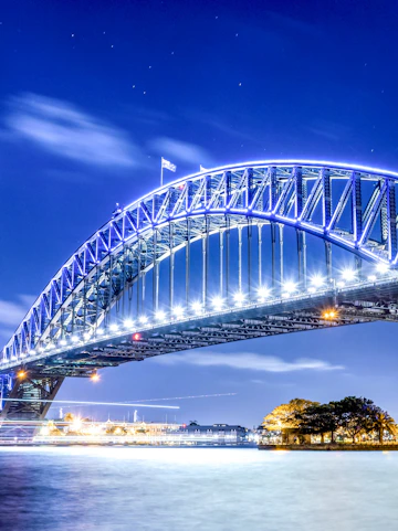 Sydney Harbour Bridge illuminated at night over the water.