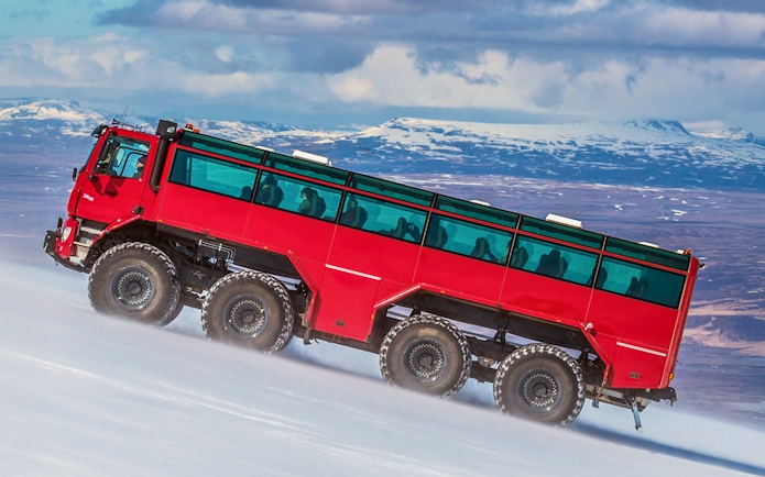 Red Monster truck on Langjökull Glacier tour from Gullfoss, Iceland.