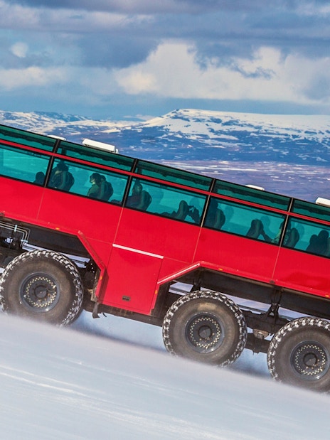Red Monster truck on Langjökull Glacier tour from Gullfoss, Iceland.