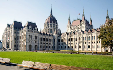 Hungarian Parliament Building in Budapest with green lawn and benches in foreground.