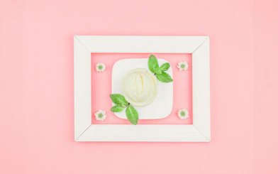 Ice cream scoop with mint leaves on a plate at Singapore's Museum of Ice Cream.