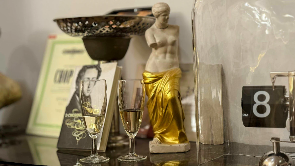 Wine glasses and Chopin sheet music at Chopin Gallery, Krakow.