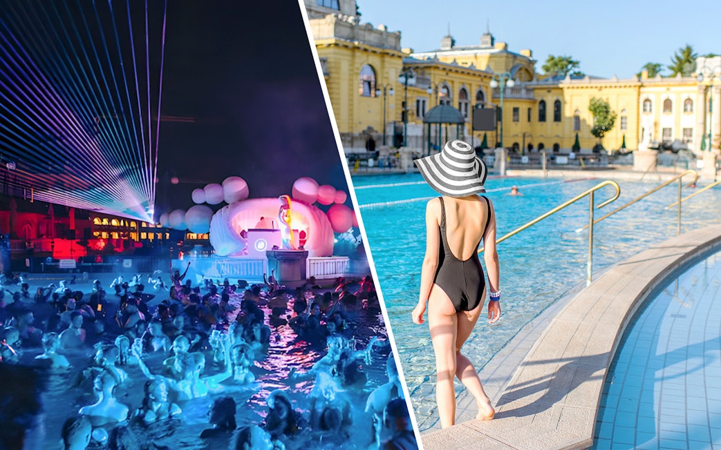 Night pool party with DJ and thermal bath in Budapest.
