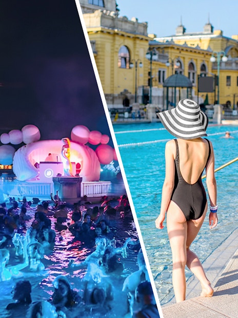 Night pool party with DJ and thermal bath in Budapest.
