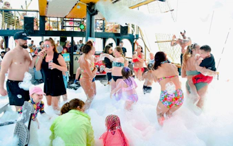 Guests enjoying bubble pool on Pirate Ship Cruise in Antalya, Turkey.