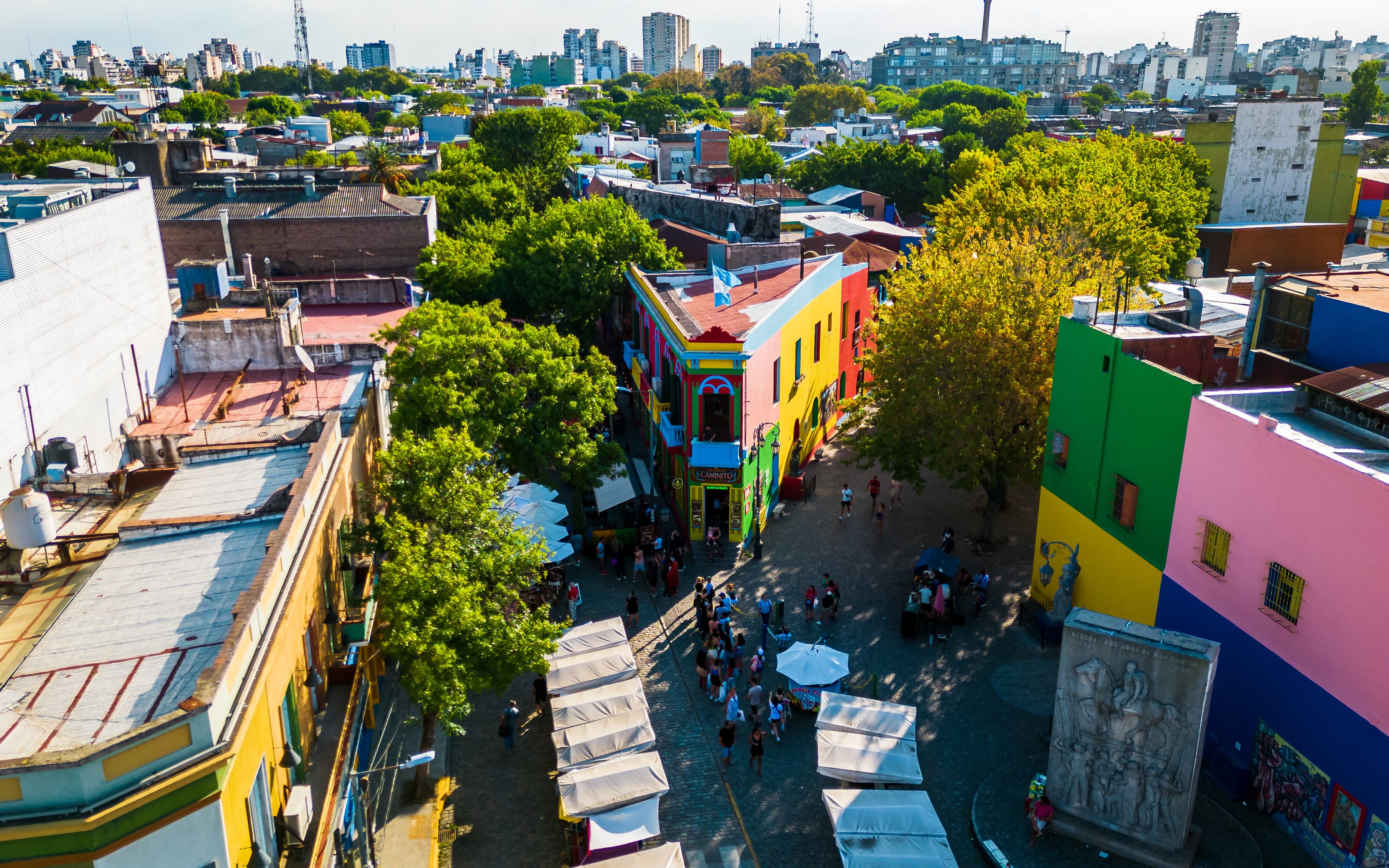 Aerial view of colorful buildings and street in Caminito, La Boca, Buenos Aires, Argentina.