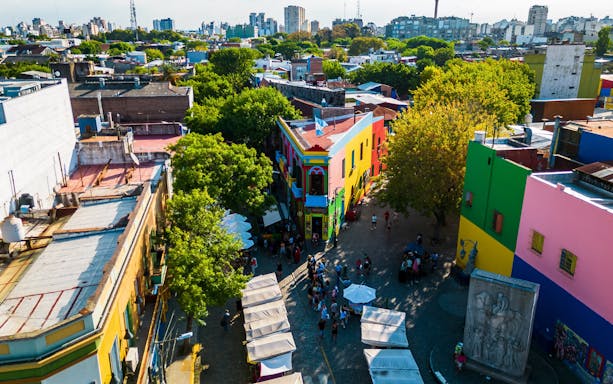 Aerial view of colorful buildings and street in Caminito, La Boca, Buenos Aires, Argentina.