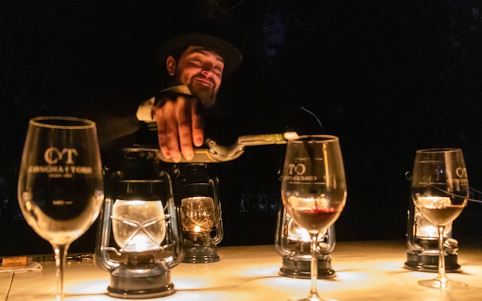 Wine tasting at Concha y Toro vineyard, person pouring wine into glasses.